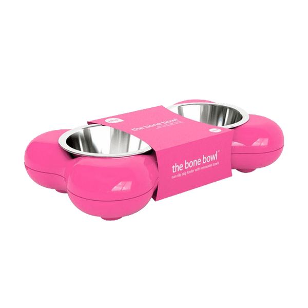 Hing Designs The Bone Bowl with Non Slip Rubber Feet and Dishwasher Safe Removable Stainless Steel Bowls, Pink